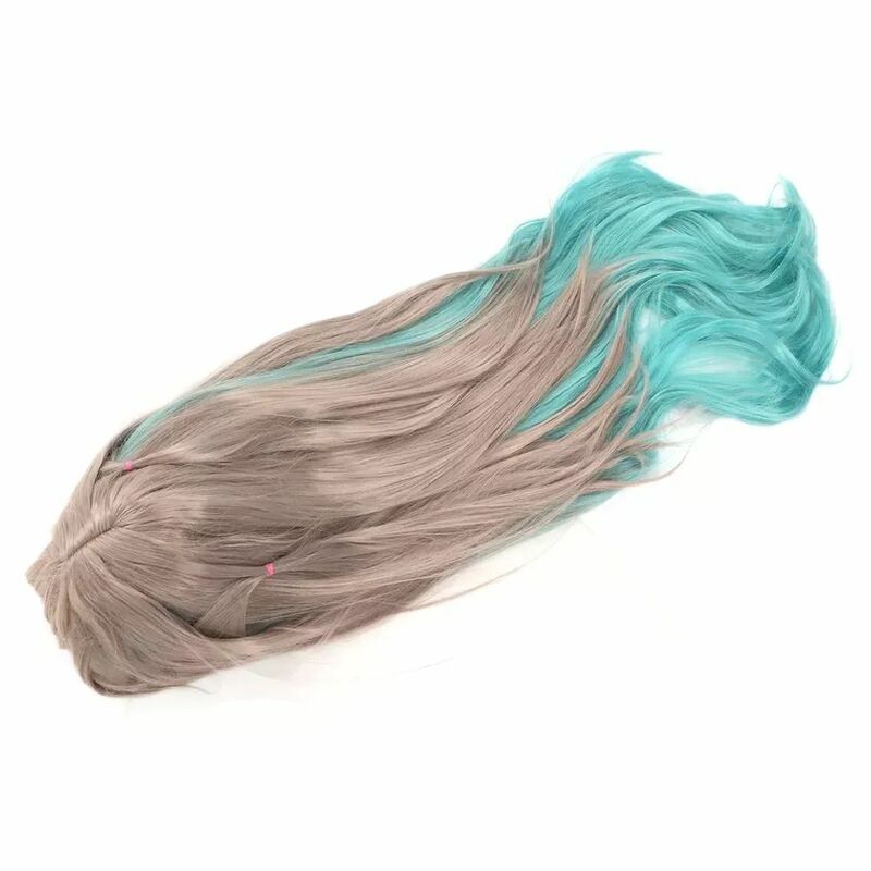 Girl with silver-gray gradient green long hair, cute bangs, anime Cosplay Headband Synthetic Wigs Pelucas Hair Daily Party Use