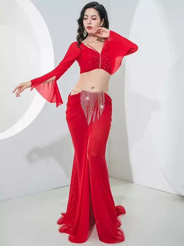 Женский костюм для танца живота, оригинальный костюм из двух предметов, сетчатая искусственная кожа, роскошная тренировочная цепочка, клубный костюм для выступления на сцене