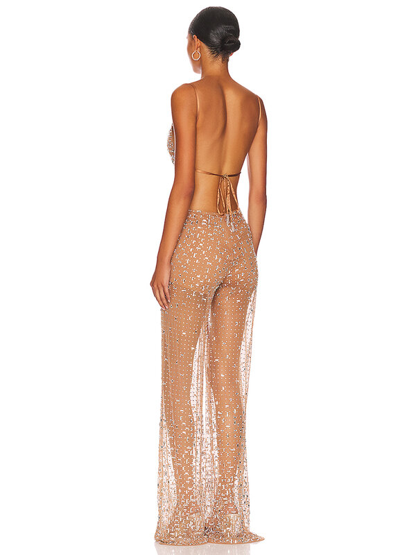 Sexy Straps Perspective Mesh Crystal Diamond jumpsuit Women Apricot Sleeveless Backless Shiny Rhinestone Jumpsuits Party Club