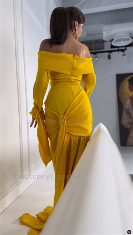 New Gold Long Sleeves Arabic Evening Dresses Sexy Mermaid Prom Party Gown Satin Floor-Length Arabic Dubai Dress vestidos