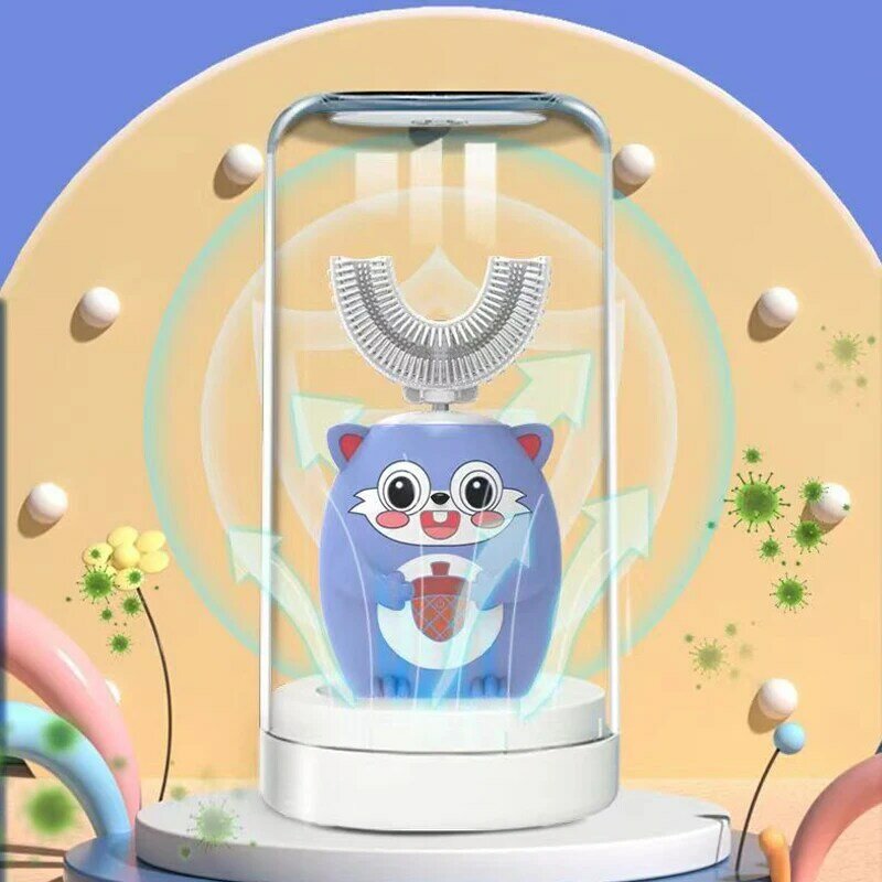 U-Shaped Sonic escova de dentes elétrica para crianças, carregamento USB, padrão dos desenhos animados, inteligente, 360 graus escova de dente, luz azul, IPX7