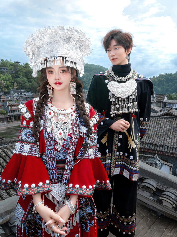 Disfraz de Miao rojo para mujer, Tujia Dance Hmong Village, fotografía de viaje, nuevo