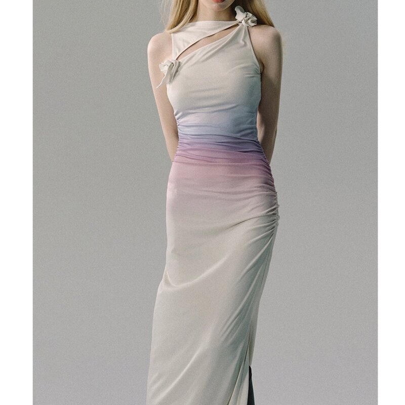 2024 Ladies Elegant Neon Rose Waist Smocked Flat Shoulder Sleeveless Gradient Dress