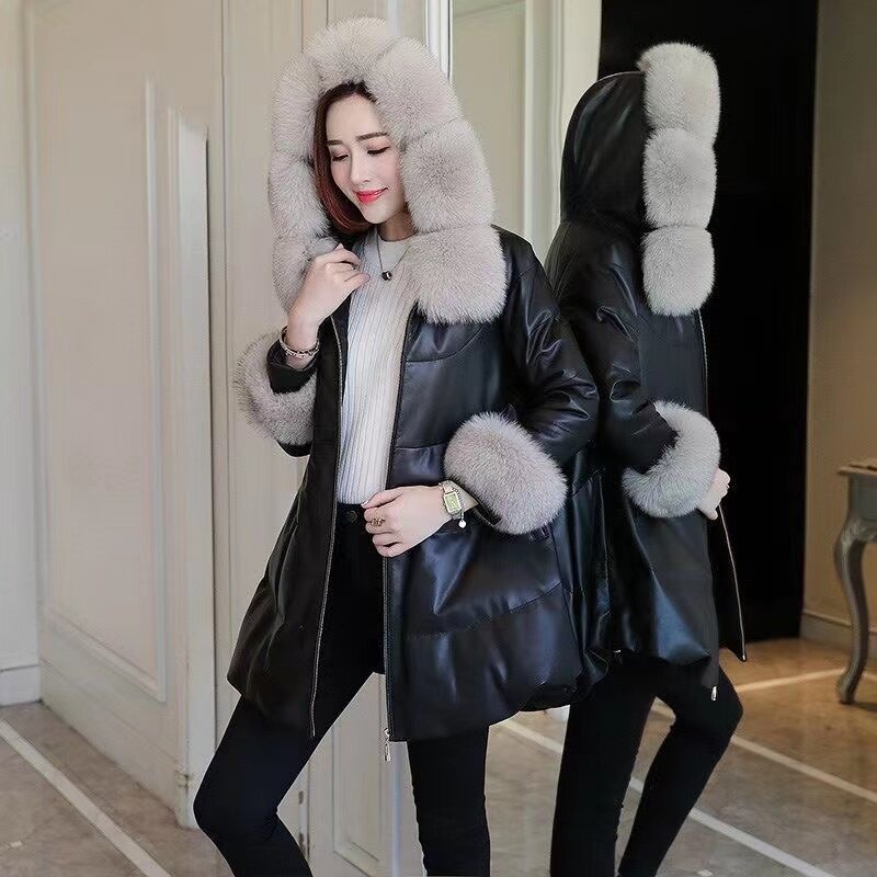 2023 New Women's PU Leather Jacket Autumn Winter Women's Faux Fur COat Fur Collar Long Leather Coat Female Outerwear 4XL