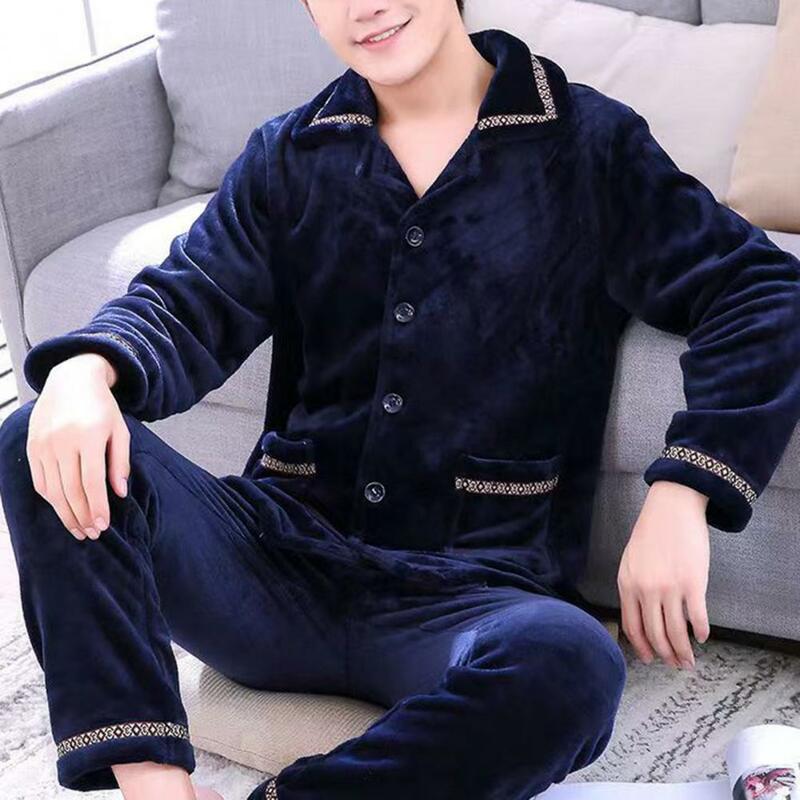Conjunto de pijama de lapela masculino, botões grossos, elástico na cintura, roupa macia quente, parte superior de cor sólida, inverno
