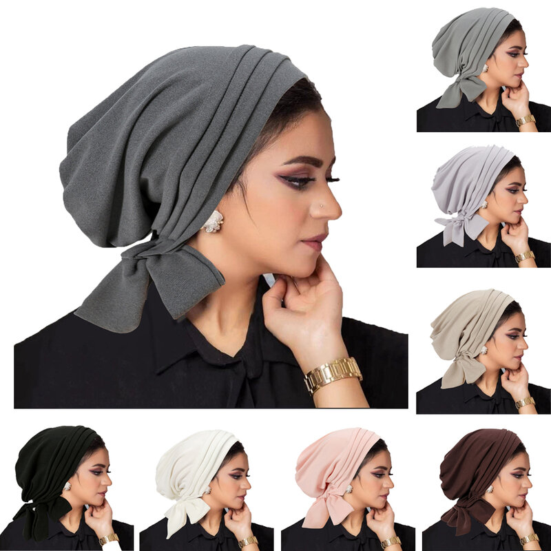 Pre-Tied Muslim Women Hijab Bonnet Pleated Ruffle Turban Chemo Cap Underscarf Hair Loss Hat Islamic Cancer Headwear Scarf  Mujer