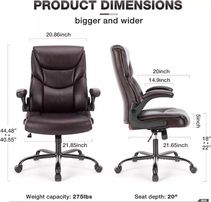 가정 사무실 의자-사무실용 크고 큰 의자, 하이 백 인체 공학적 임원 책상 의자, PU 가죽 플립 업 팔걸이 계산