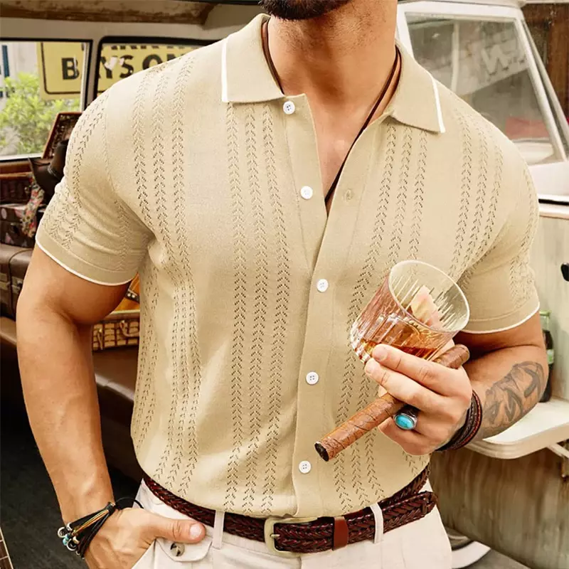 New Casual Mens Knitted Shirts Short-sleeved Slim Fit Button-up Lapel Knit Tops For Men Summer Knitting Polo Shirts Streetwear