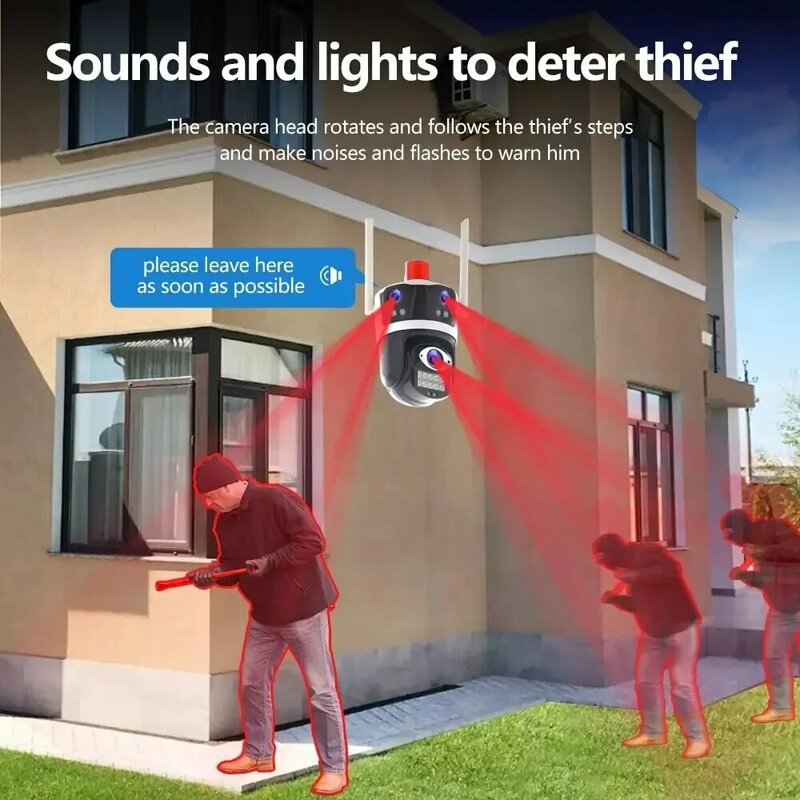 Cámara de seguridad con detección de movimiento, dispositivo de vigilancia impermeable, 3 lentes, HD, 12MP, PTZ