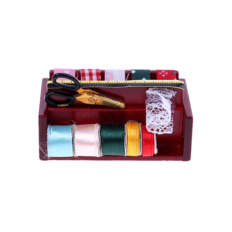 Caja de costura en miniatura 1:12 con Kit de tijeras, accesorios de decoración para casa de muñecas, 1 unidad