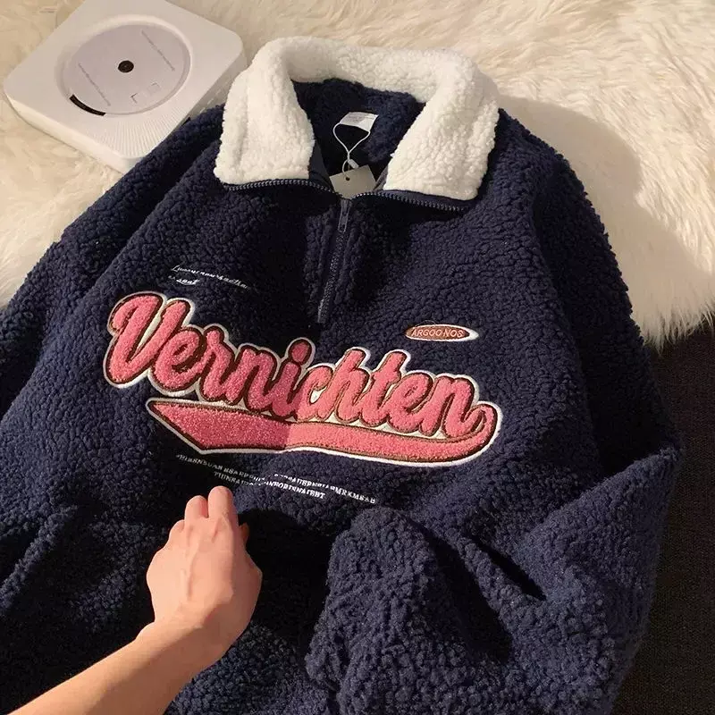 Vintage Lam Wol Sweater Vrouwen Borduren Brief Hoodies Winter Warme Fleece Jas Vrouwen Mode Oversized Baseball Streetwear