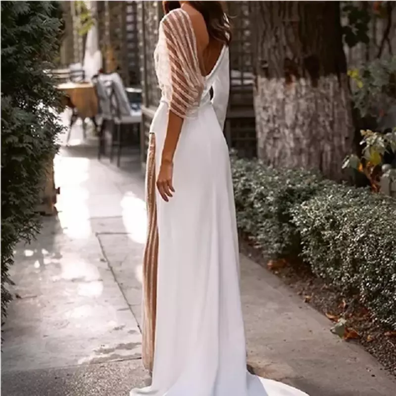 Damska suknia ślubna z długim rękawem tiulowy dekolt w serek rozcięcie z tyłu seksowna suknia ślubna balowa suknia wieczorowa moda odzież damska