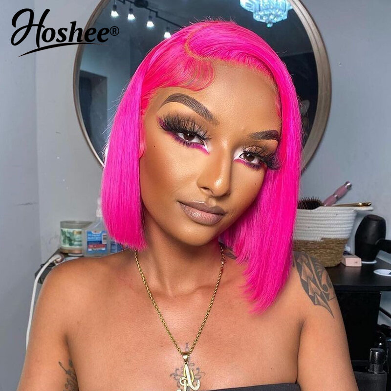 Straight Hot Pink Colored Brazilian Remy Short Bob Pixie Cut For Black Woman Frontal Wigs 13x4 Lace Front Human Hair Wig On Sale