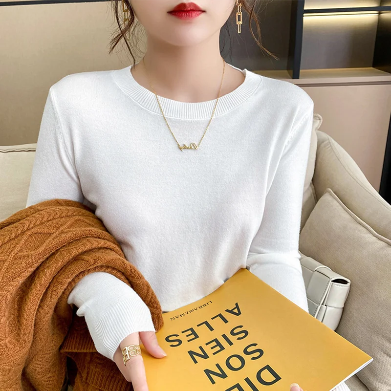 Autumn 2023 Women's Sweaters Women's Collar Long Sleeve Casual Solid Color Round Neck Wild Thin Knitted Sweater Pullover