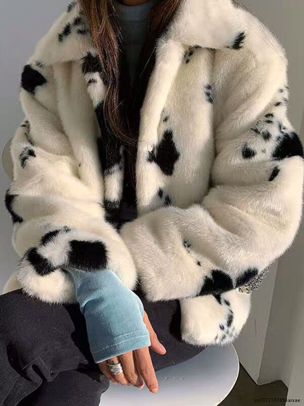 Winter Dikke Vrouwen Faux Fur Jassen Zwart Wit Koe Print Vrouwen Jas Losse Warm Fashion Koreaanse Button Up Vrouwelijke Kleding
