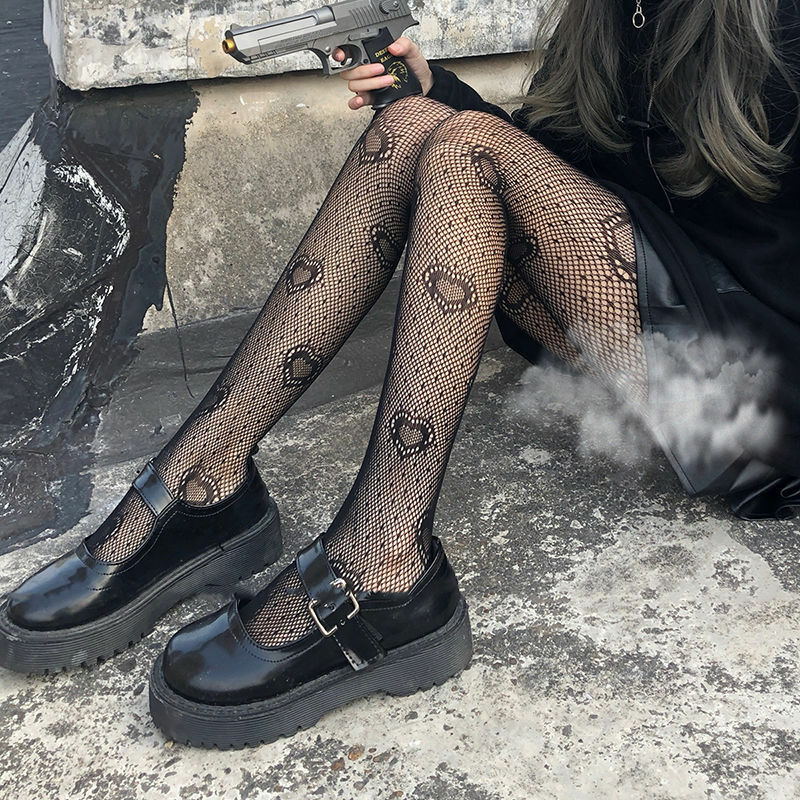 Meias de rede padrão coração feminino, meia-calça de malha preta, calça sexy Lolita para meninas, meias góticas
