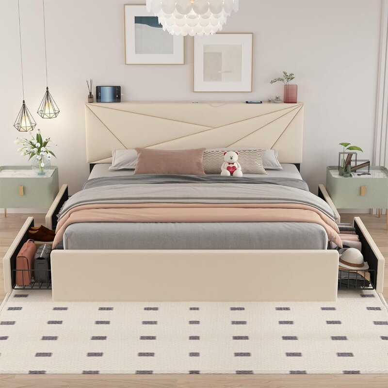 충전 스테이션 4 개 보관 서랍이 있는 퀸 사이즈 침대, 덮개를 씌운 프레임 플랫폼, 조절 가능한 헤드보드, 나무 칸막이 지지대 침대
