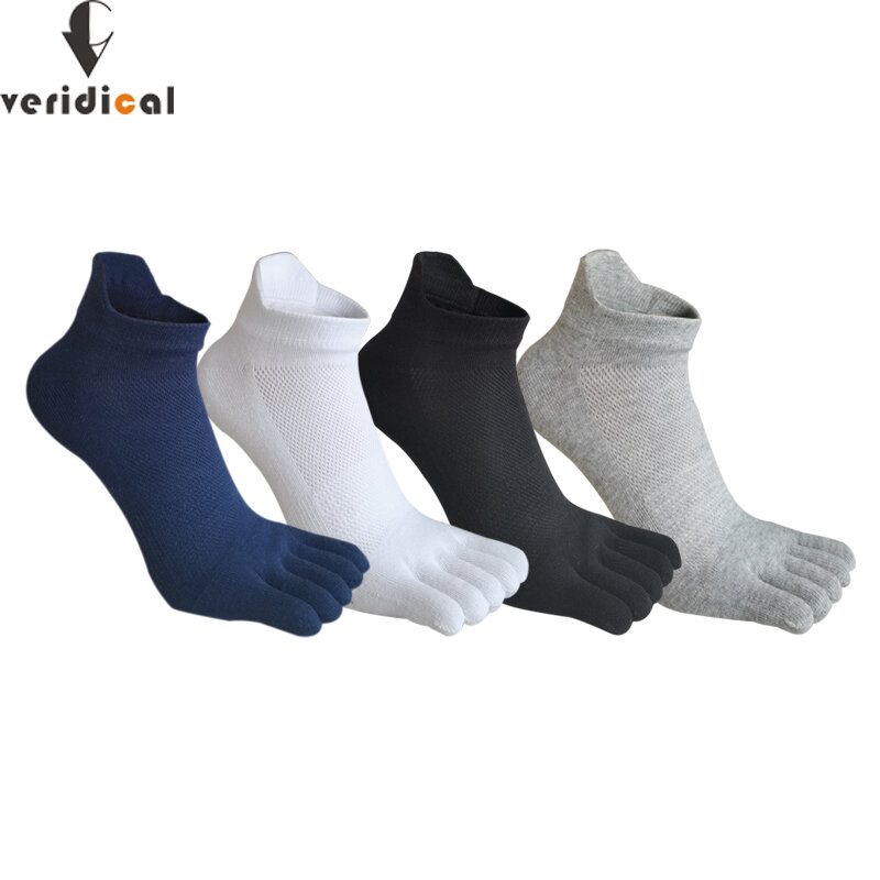 Meias de tornozelo respirável masculino, algodão, sólido, simples, malha, absorção de suor, boca rasa, sem show, 5 dedos, 4 estações, 4 pares