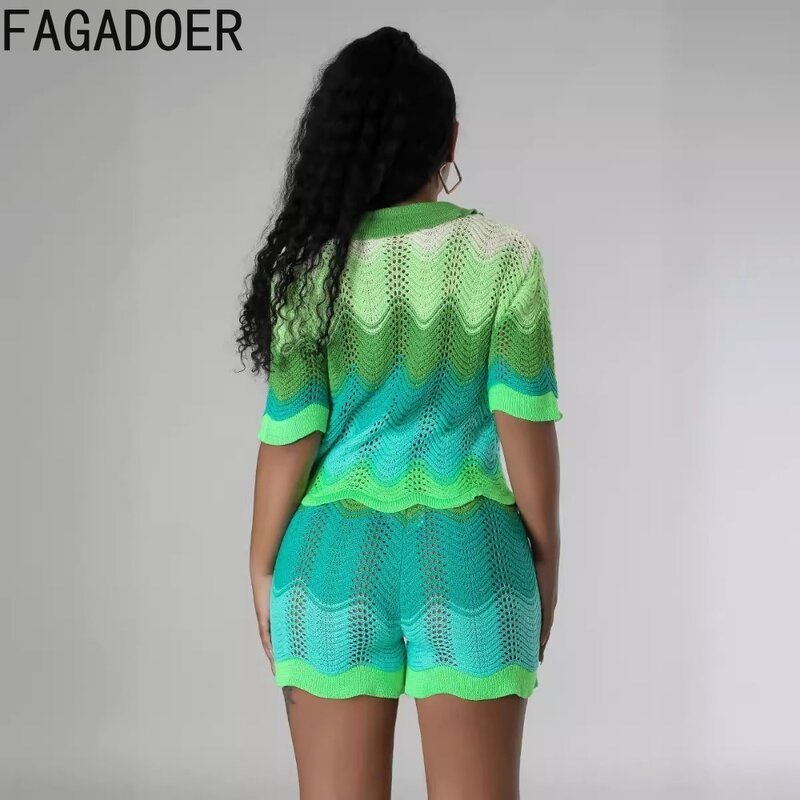 Fagadoer กางเกงขาสั้นถักสองชิ้นสำหรับฤดูใบไม้ผลิชุดเสื้อผ้าผู้หญิงชุดเสื้อกระดุมคอเสื้อ + กางเกงขาสั้นลายทางใหม่