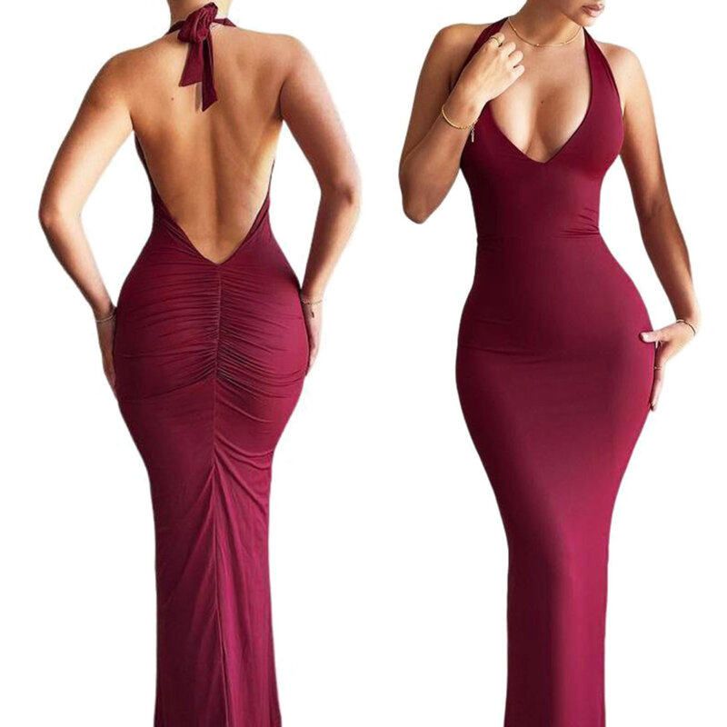 Women's Maxi Sleeveless Dress Backless Tie Back Halter Neck Ruched Bodycon Dress Cocktail Party Prom Dress Female Clothing