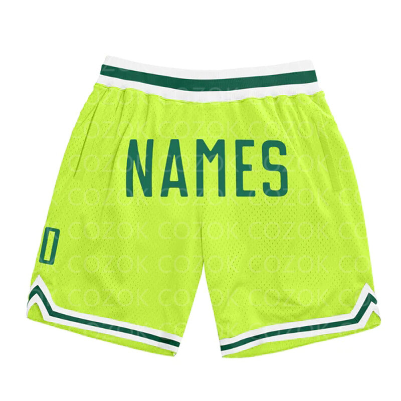Custom Fluorescerend Groen Zwart Authentiek Basketbal Shorts 3d Geprint Heren Shorts Je Naam Mumber Sneldrogend Strandshort