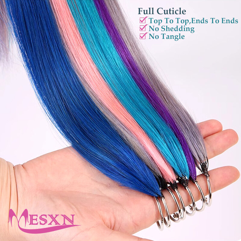 MESXN  Feather hair extensions Straight Natural Real Human Microring Hair Extensions Color Purple Blue Pink Gray 18-20inch