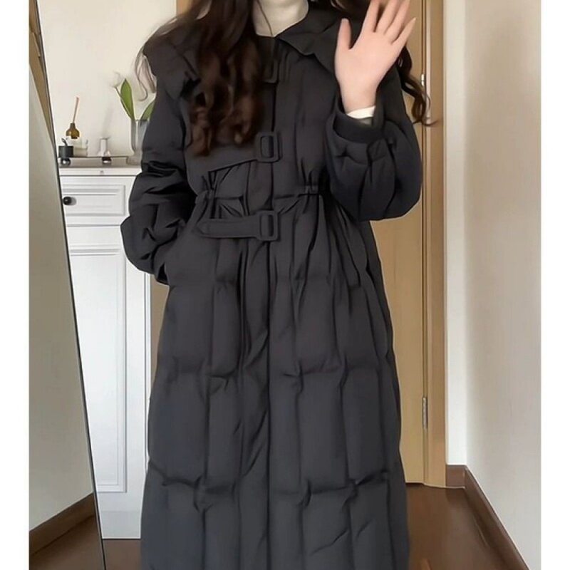 Пуховик женский зимний, новинка 2023, пальто средней длины с матросским воротником и поясом, черное пальто высокого качества