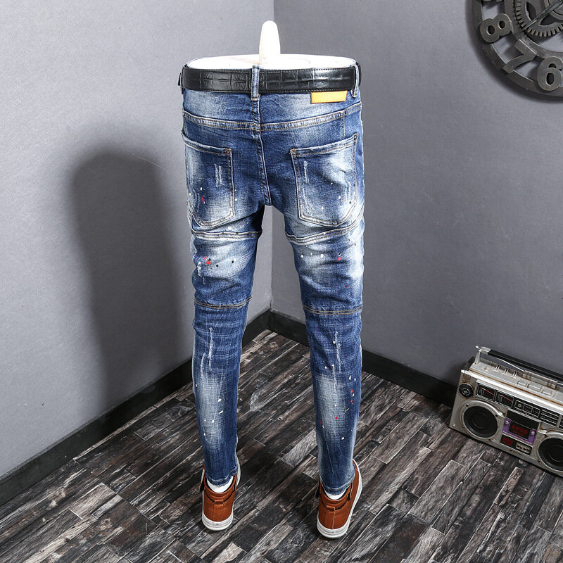 Calças de brim dos homens da moda de streetwear retro azul elástico fino ajuste emendado designer biker jeans calças de brim