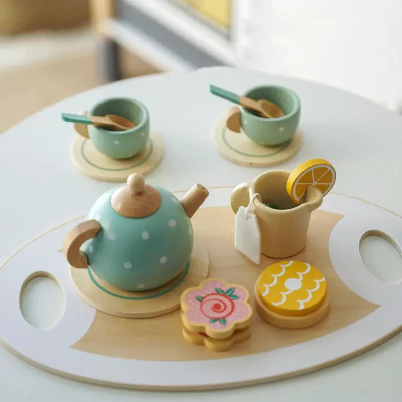 Vajilla de fiesta de té, juguete artesanal de madera, juego de simulación de cocina para niños pequeños, regalo de cumpleaños, Juguetes