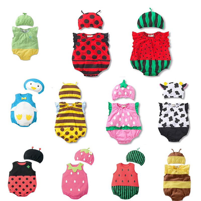 男の子と女の子のためのロンパース,新生児のための綿の服,夏のジャンプスーツ,衣類の帽子セット