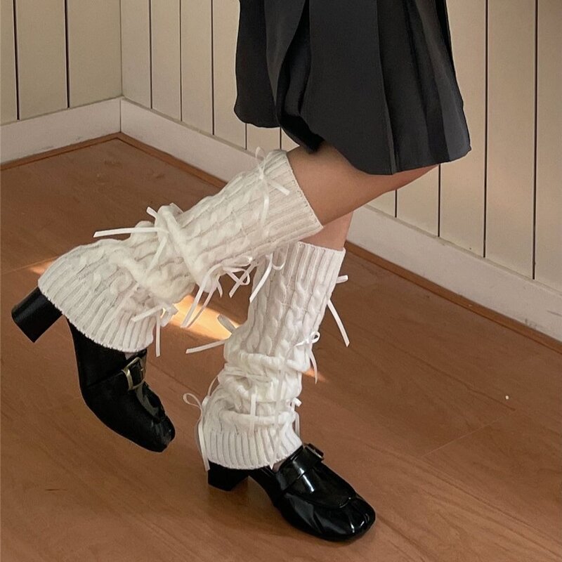 Kaus kaki bot panjang untuk wanita, Set kaus kaki pita gaya Academy setinggi lutut, penghangat kaki kaki panjang hangat