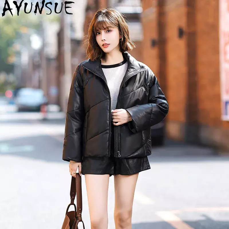 Ayunsue-女性用シープスキンレザージャケット,ショートコート,スタンドカラー,防寒着,2023
