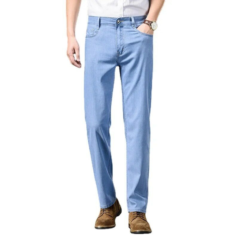 SHAN BAO letnia marka męska proste luźne lekkie dżinsy wysokiej jakości Lyocell Stretch Business Casual wysokiej talii cienkie dżinsy