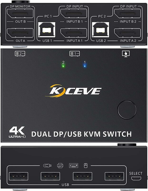 Przełącznik DP KVM 2 Komputer 2 Monitory Wyświetlacz USB KVM Switch dla dwóch monitorów Obsługuje 4K k60Hz dla 2 komputerów Udostępnianie klawiatury Mysz i monitor