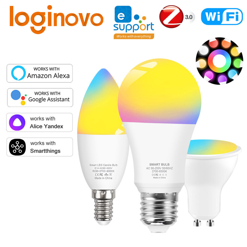 Bombilla LED inteligente Zigbee E27, GU10, E14, Wifi, RGBCW, para Alexa, Google Home, Yandex, Alice, Smartthings