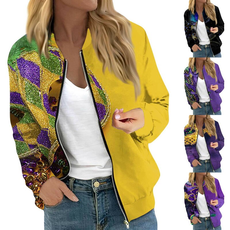Jaket untuk wanita lengan panjang risleting ringan crop modis-forward Mardi Gras Print pakaian luar kasual quilt personalisasi