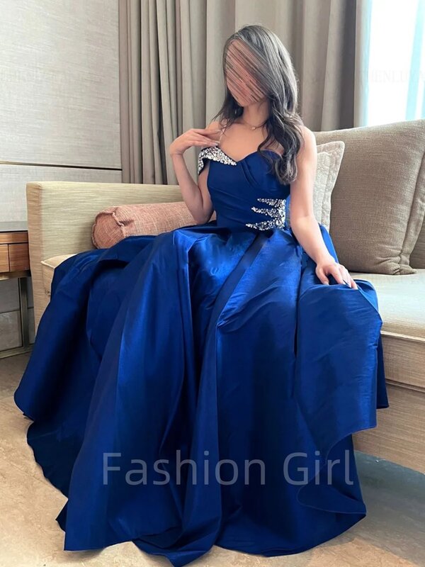 로얄 블루 비즈 새틴 긴 파티 원피스, 우아한 민소매 A 라인 이브닝 가운, 긴 공식 행사 드레스, 2023