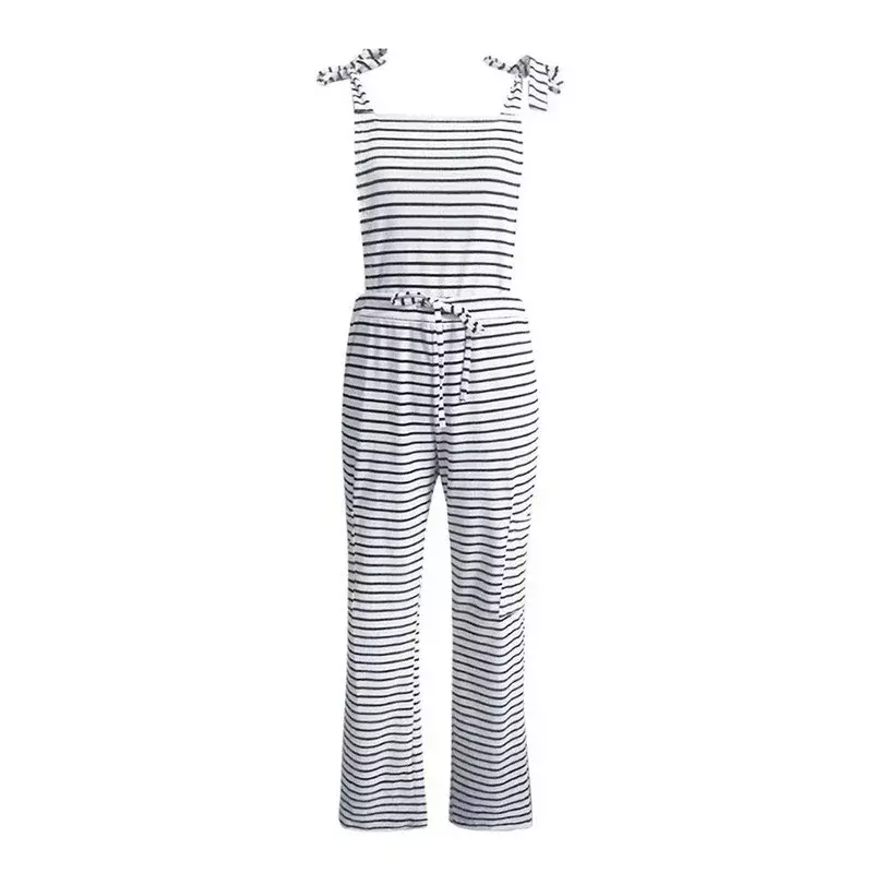 Women Tassel Drawstring Long oversized Jumpsuits 2024 Striped Print Pocket Overalls Summer Loose Casual Female Jumpsuit Stylish