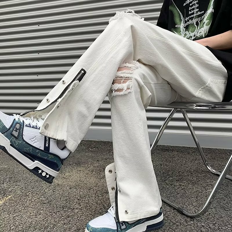 Y2K Techwear Spring New Mens Hole Denim Trousers Fashion Ripped White Jeans Hip Hop Vintage Jean Man Zip Up Casual Jean Homme 바지