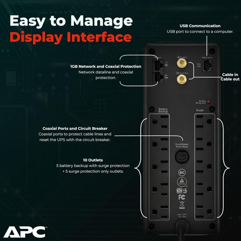 APC UPS Bundle 1500VA  Battery Backup - 10 Outlets, BX1500M  Power Supply and Surge Protector, AVR, Dataline Pr