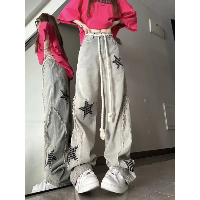 Винтажные женские джинсы Deeptown Star Girl Y2k, широкие мешковатые брюки из денима в стиле гранж, уличная одежда, брюки в стиле Харадзюку 90-х в стиле K-POP