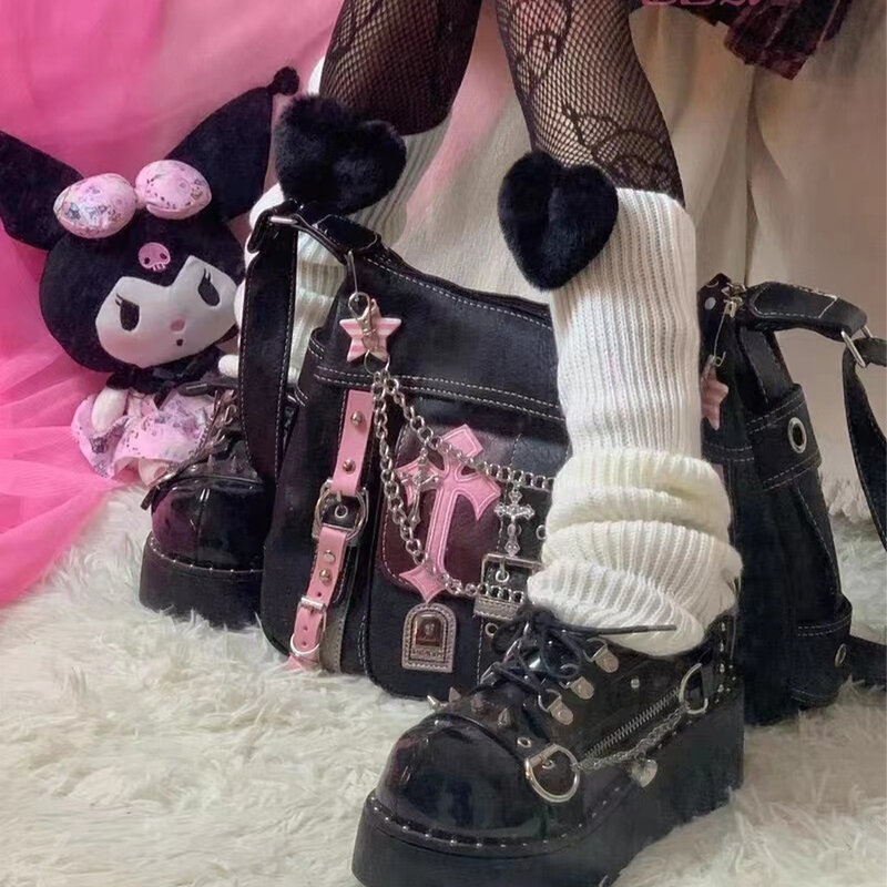 Hello Kitty Sanrio tas selempang rantai silang merah muda antik Punk Gotik tas tangan perempuan populer mainan untuk wanita hadiah tas Tote tren Y2k