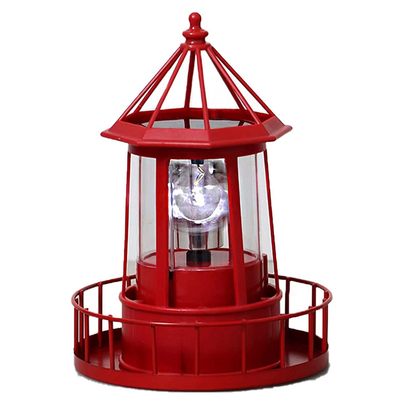 LED Solar Powered Lighthouse, 360 Degree Rotating Lamp Courtyard Decoration Waterproof Garden Towers Statue Lights A