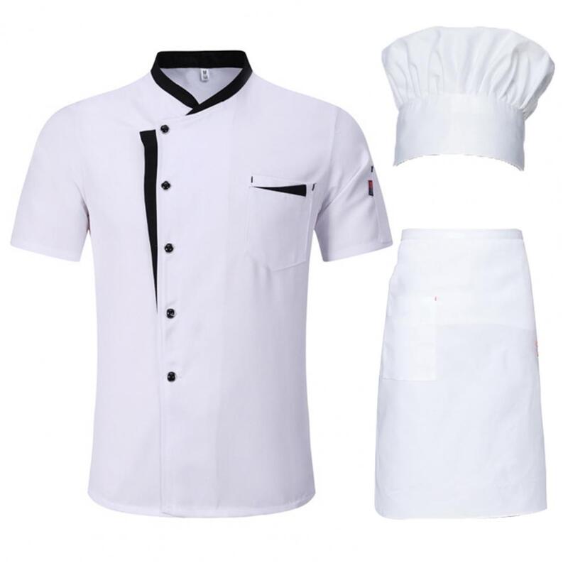 Ensemble uniforme de chef unisexe, chemise, chapeau, tablier, col montant, chapeau, manches courtes, restaurant, cuisine, hôtel, 3 pièces