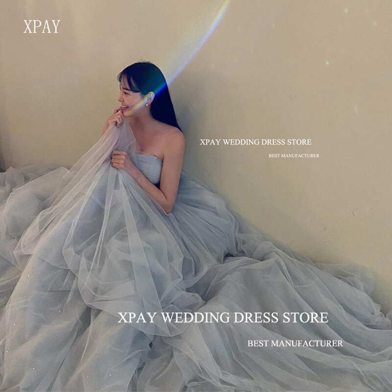 Xpay Eenvoudige Stoffige Blauwe Zachte Tule Korea Prom Jurken Strapless Veters Terug Avondjurken Bruiloft Fotoshoot Vloerlengte