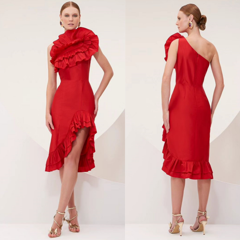 Jersey Flower Valentine's Day Sheath One-shoulder Bespoke Occasion Gown  Knee Length Dresses