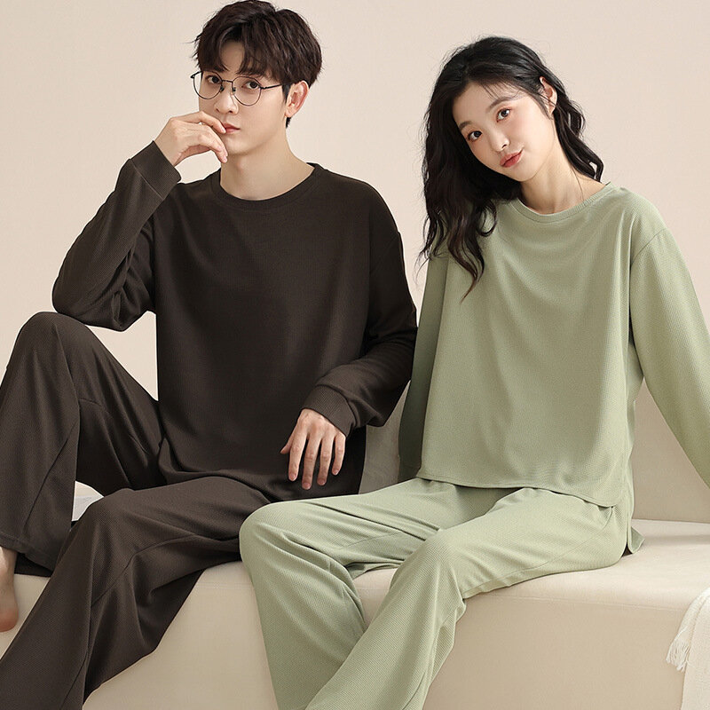2024 New Fashion Homewear for Couples Spring Long Sleeves Women's Pajamas Set Men's Cotton Sleepwear Big Size Solid Loungewear