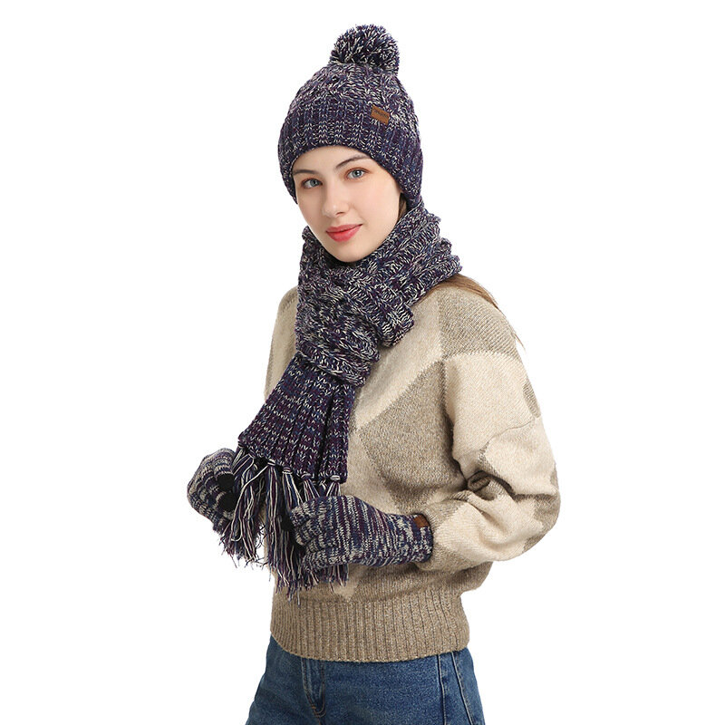 Set Wanita Musim Dingin Tetap Hangat Kupluk Lapisan Bulu Domba Sarung Tangan Jari Tipis Syal Benang Wol Rajutan Syal Topi