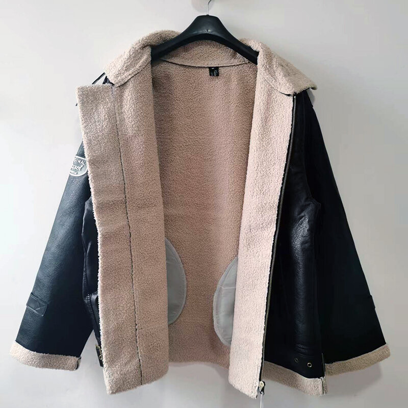 หนังสังเคราะห์แจ็คเก็ตฤดูหนาวผู้หญิง Lamb Fur ซับ2023เกาหลีใหม่แฟชั่นสีดำ PU Coat Warm Thicken Shearling หลวม Outwear