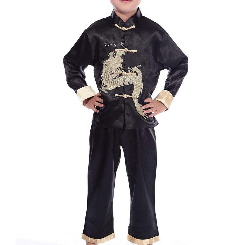Terno de cetim tang infantil, bordado vintage, roupas Dragon Kong Fu, colarinho chinês mandarim, camisa e calças casuais, 2PCs